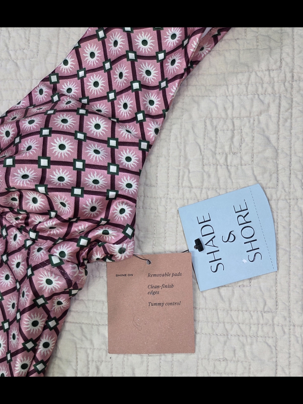 NWT Shade & Shore Pink Geometric Plunge Neck Tummy Control One Piece Swimsuit... - Picture 7 of 9